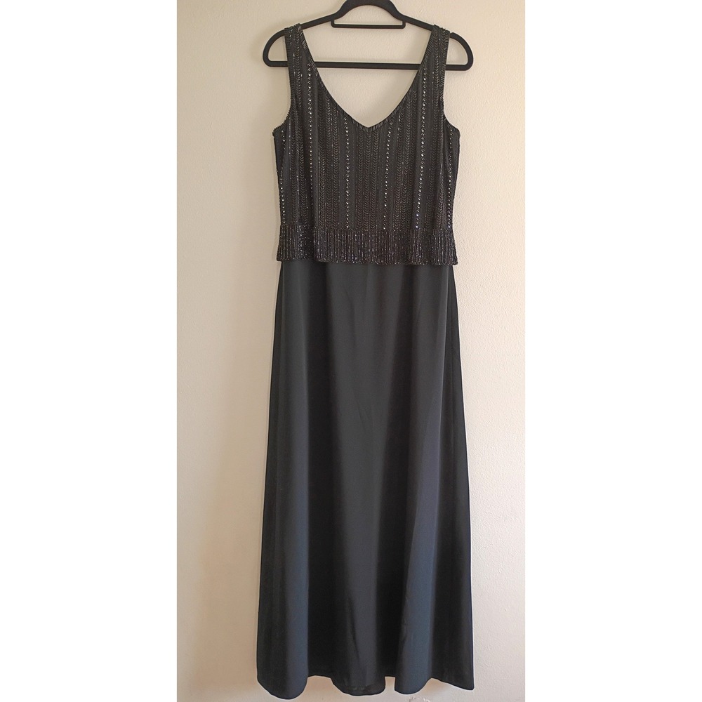 Daymor Couture Black Beaded V-Neck Formal Gown Maxi Dress Sz 10 Sleeveless